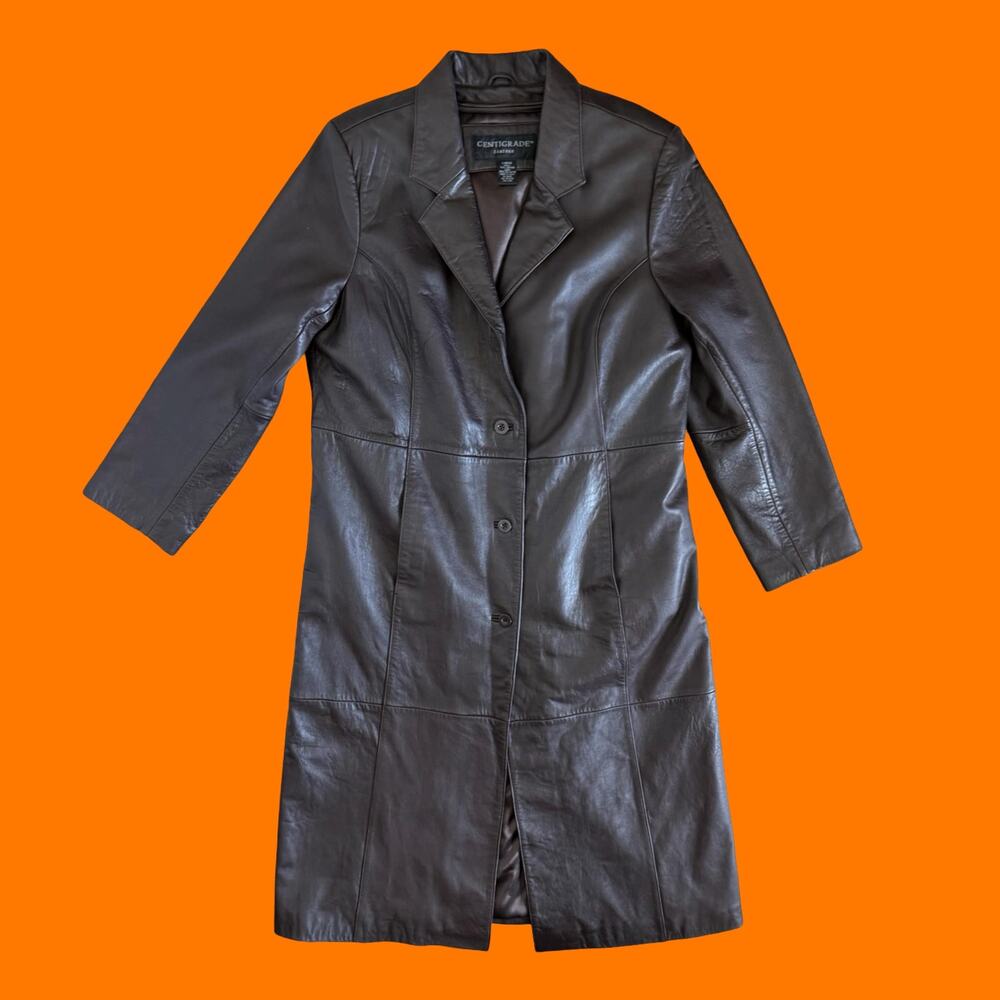 90's 00's vintage chocolate brown 100% leather long trench coat y2k jacket LARGE